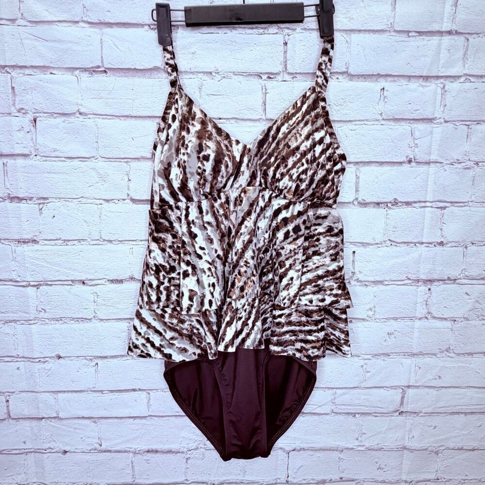 Magicsuit Miraclesuit Womens Snow Leopard Tiered One-Piece Fauxkini Swimsuit 10